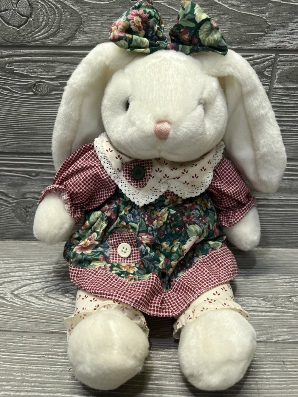 Vintage White Bunny Rabbit in Dress Spring Easter 14” EUC Plush Stuffed Animal